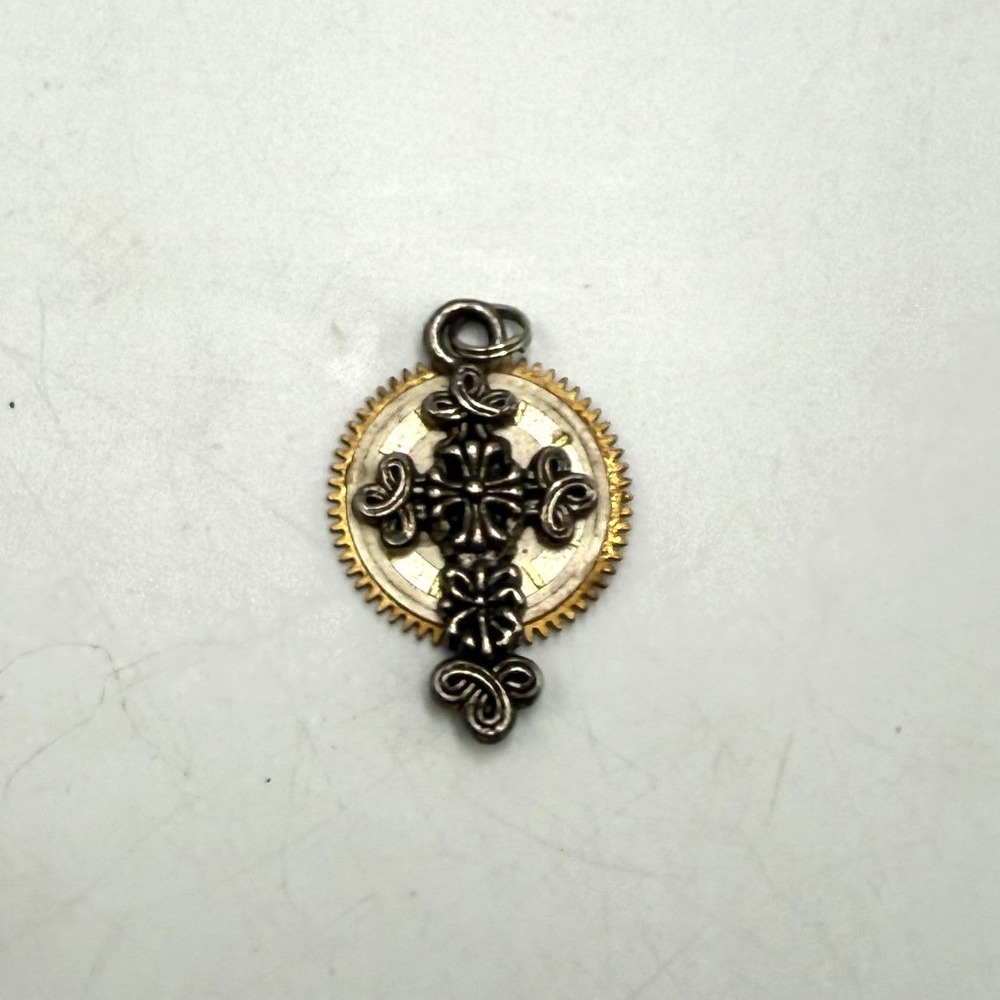 Steampunk Cross Pendant Watch Gear Dial Filigree Mixed Metal Gothic Charm